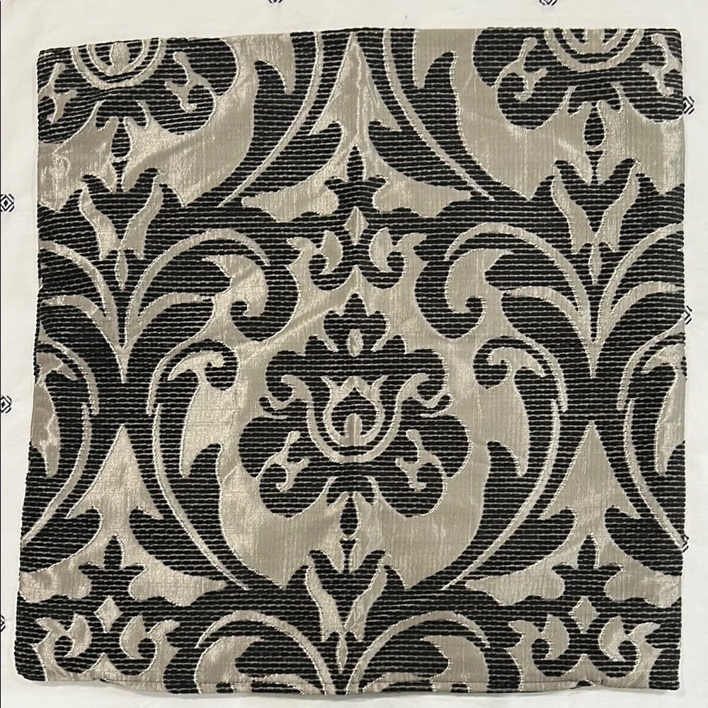 2 Pillow Covers (19”sq) Elegant Black and Silver Damask Fabric